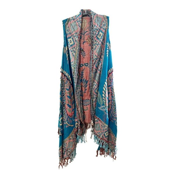 RAJ Imports Boho Embroidered Long Vest Dk Turquoise Vest Fringe 1 Size Layla - Picture 3 of 5